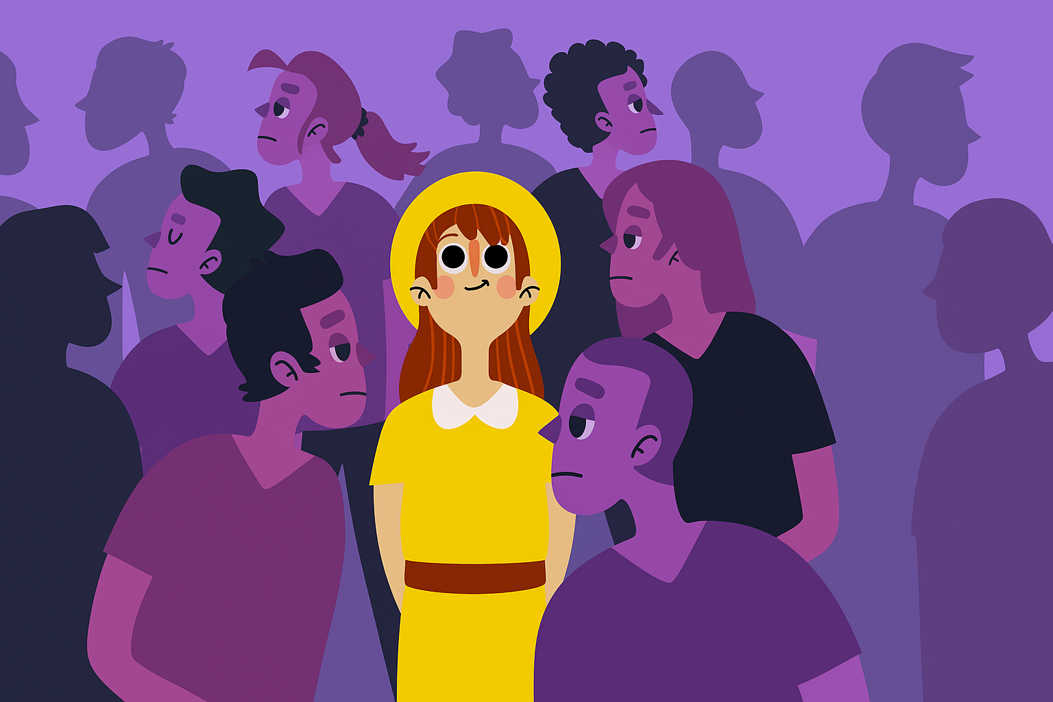 A cheerful girl in a bright yellow dress and hat stands confidently in the center, smiling with optimism, while surrounded by a crowd of purple-toned, expressionless figures looking away from her.