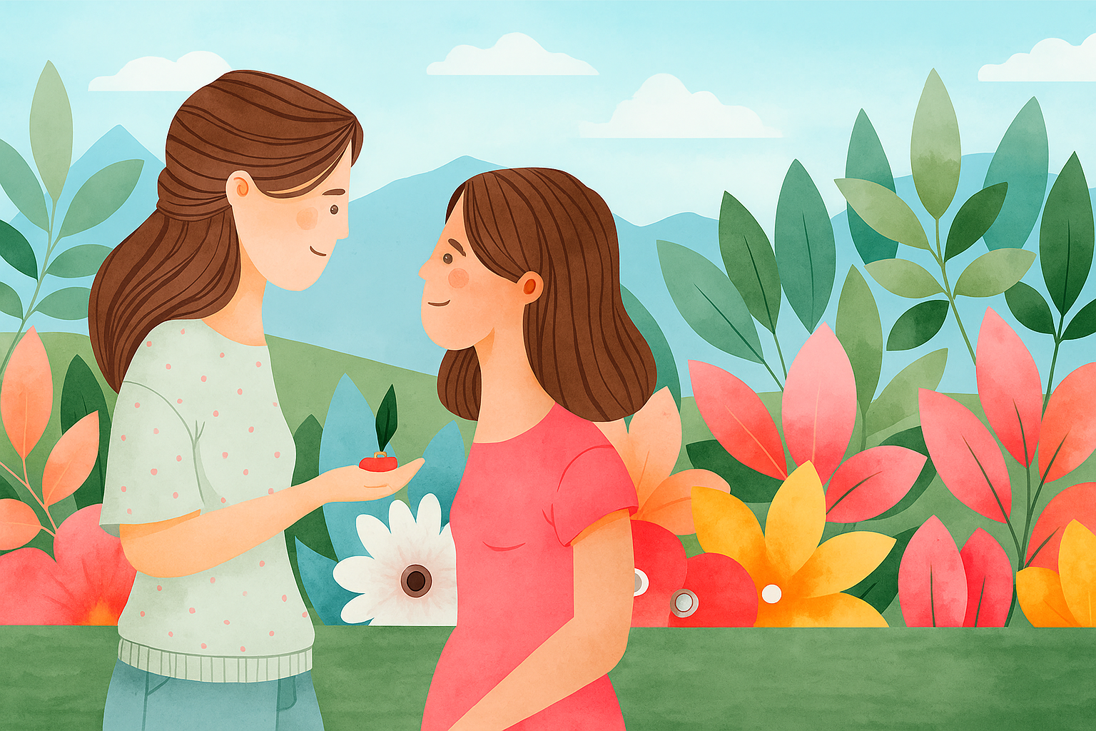 Two smiling girls stand in the center of a vibrant garden, surrounded by colorful flowers and leafy plants. One girl, wearing a polka-dotted shirt, gently offers a small plant in a red pot to the other girl in a pink dress, symbolizing care, growth, and friendship under a bright, blue sky