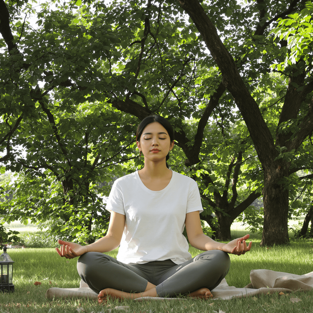 A young woman meditating outdoors, eyes closed, surrounded by trees and soft sunlight filtering through leaves, evoking calmness and mental clarity.