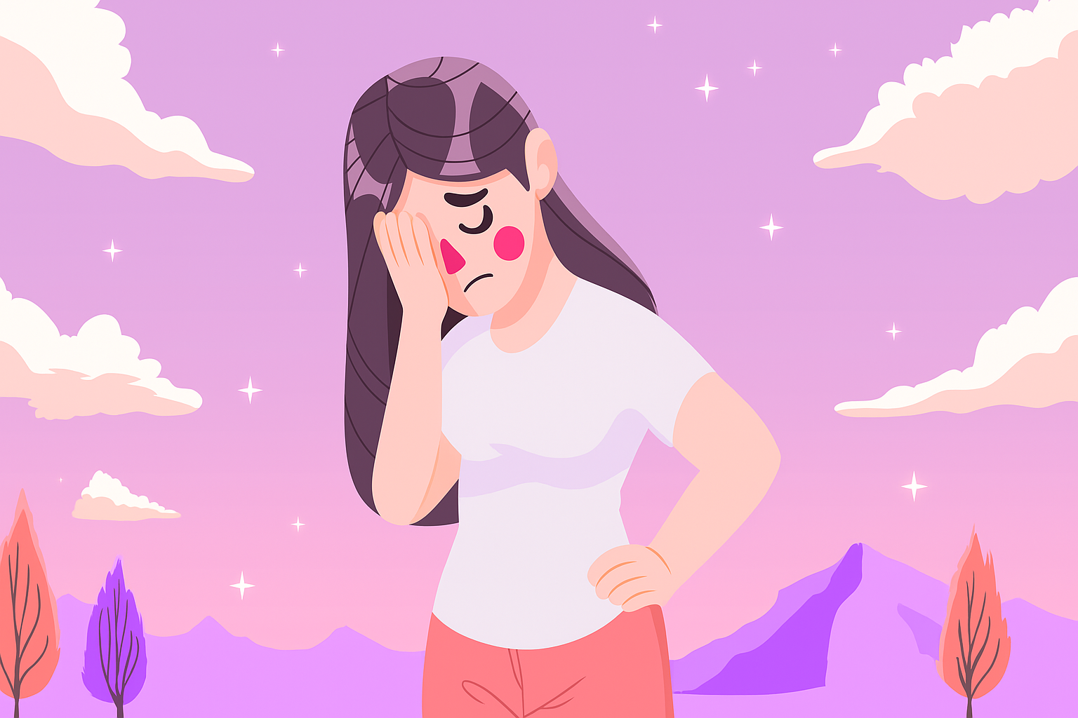 A young woman with long dark purple hair covers her face with one hand, appearing visibly upset or overwhelmed. She stands against a dreamy pastel background with pink and purple mountains, fluffy clouds, and sparkling stars, creating a contrast between her emotions and the serene landscape.