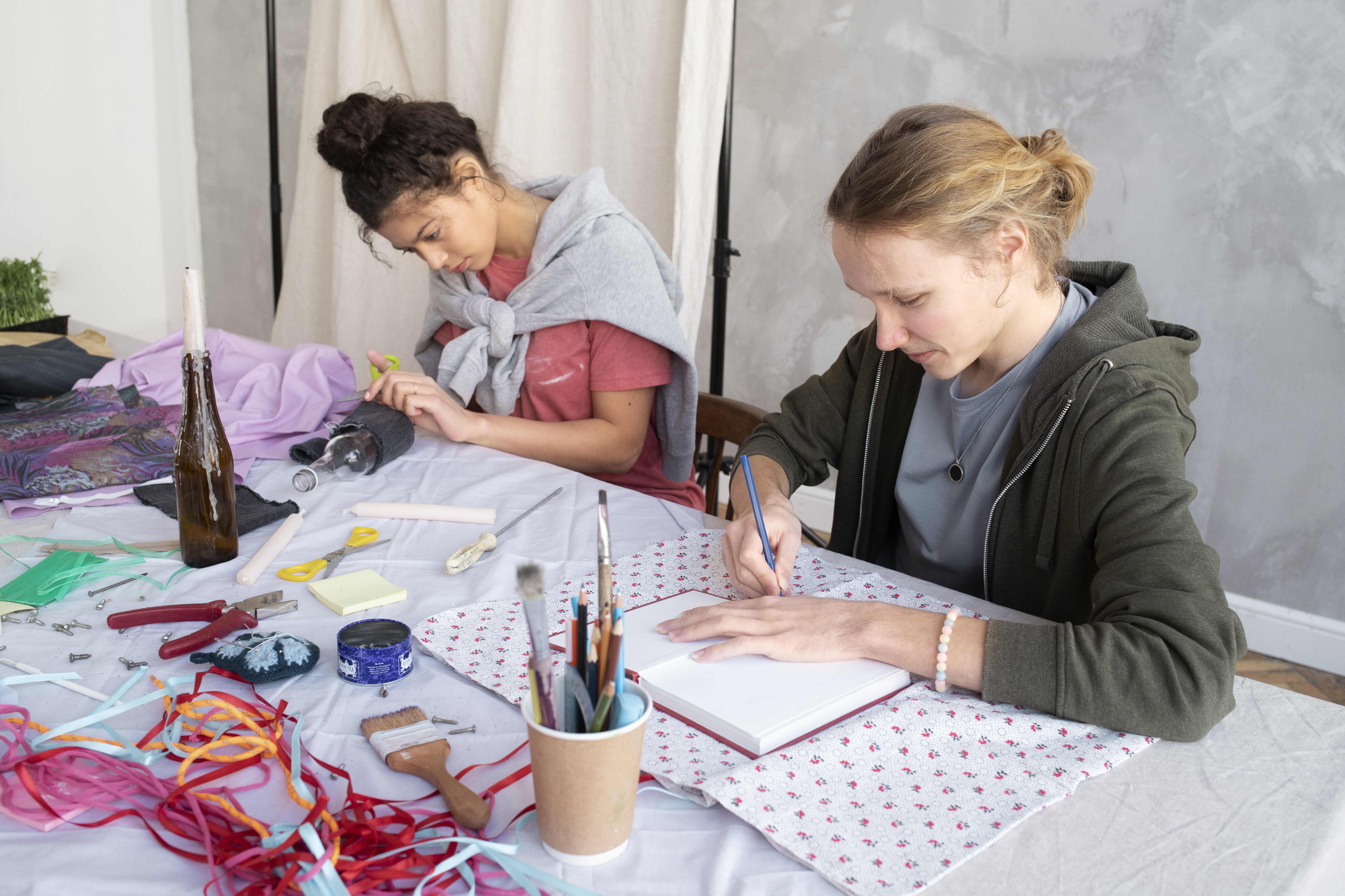 young adult reusing fabric material